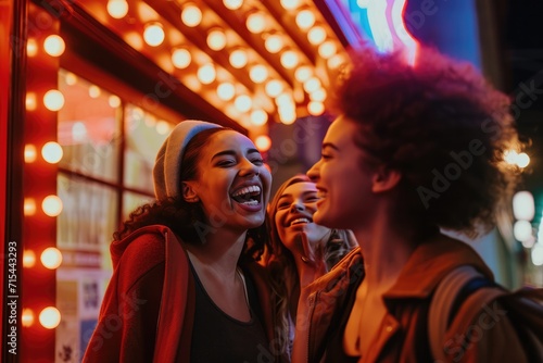 Happy multiracial female friends greeting outside movie theater at night.