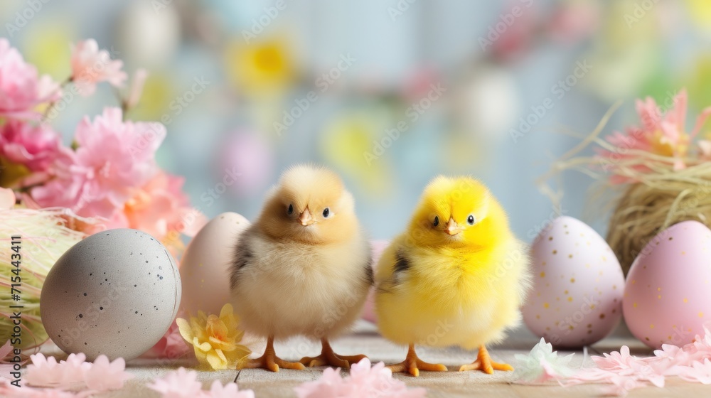 Chic Chick Celebration: Cute chicks and Easter decorations combine to form an adorable background for stylish and festive promotions.