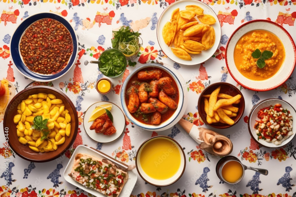 Colorful Brazilian homemade recipes displayed from top view.