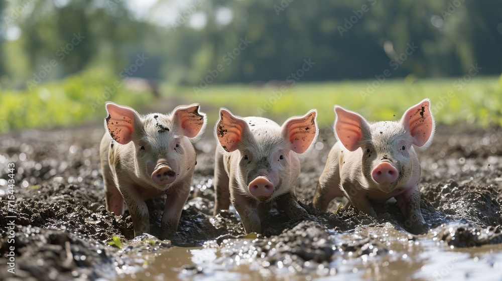 Three joyful piglets relish in the coolness of a mud puddle, displaying the simplicity and contentment of farm animals.