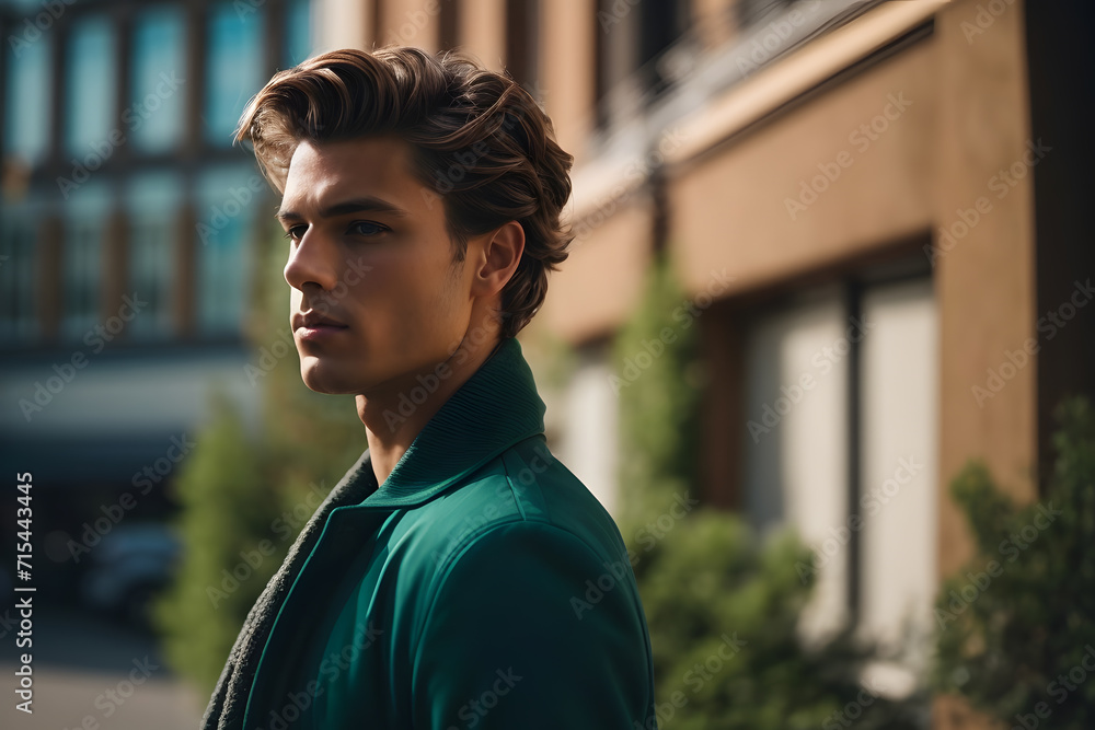 Fototapeta premium Man in Green Jacket Standing in Front of Building. Generative AI.