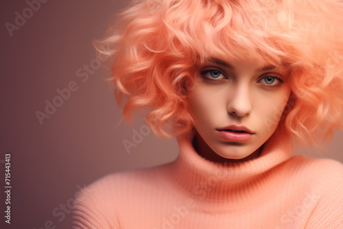 modern young woman in Peach fuzz color sport actitude photo