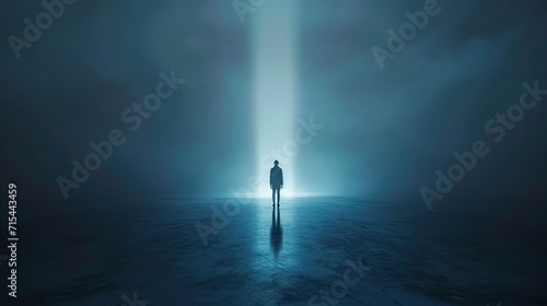 A solitary figure stands enveloped in a beam of light piercing through the darkness  evoking a sense of mystery and contemplation.