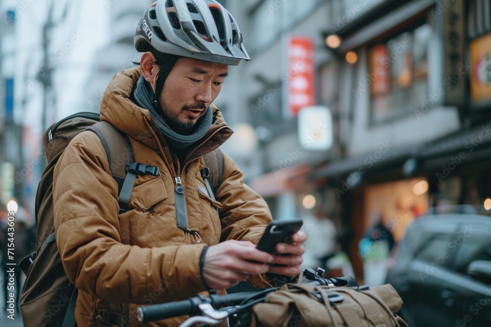 male cyclist sitting outdoors and holding smartphone. male cyclist sitting outdoors and holding smartphone.