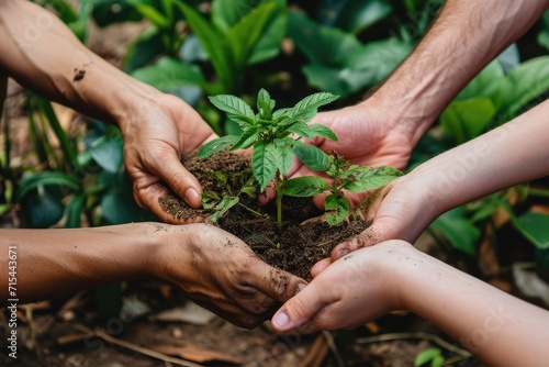 Multiple hands holding a plant.