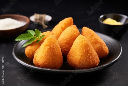 Traditional Brazilian fried coxinha on black plate.