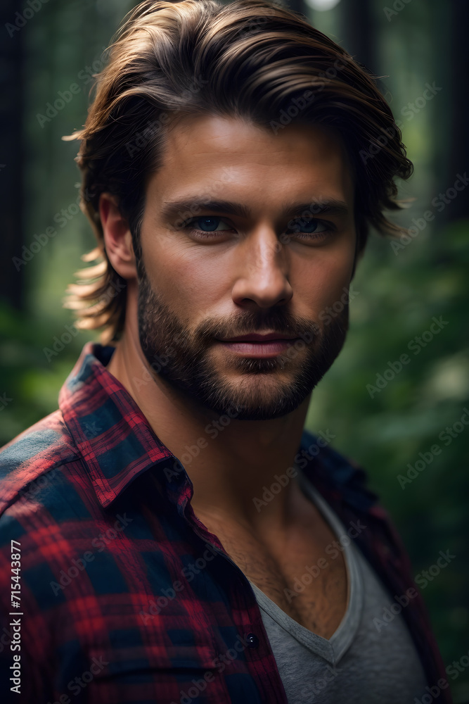 Bearded Man With Long Hair in Woods, Natural, Wild, and Serene Outdoor Portrait. Generative AI. Bearded Man With Long Hair in Woods, Natural, Wild, and Serene Outdoor Portrait. Generative AI.