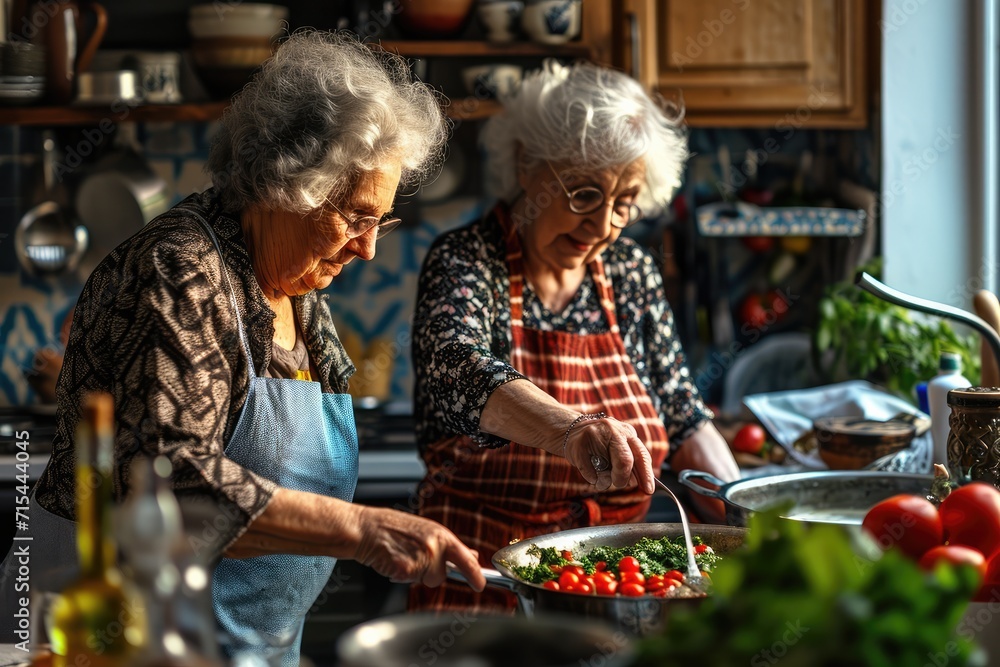 Senior friends cooking a meal together while on a staycation in Northumberland, North East England. Senior friends cooking a meal together while on a staycation in Northumberland, North East England.