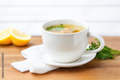 bone broth detox soup in a mug, steam visible, healthy fats
