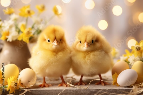 Chic Chick Celebration: Cute chicks and Easter decorations combine to form an adorable background for stylish and festive promotions. © olegganko