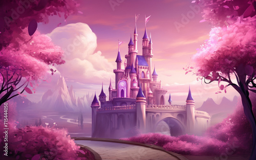 a castle is in the pink forest next to trees.