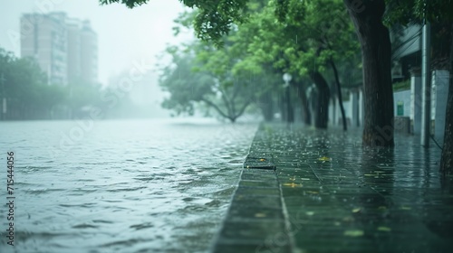 A drenched urban street submerged in water after heavy rainfall, with trees lining the roadside and buildings partly obscured by the misty downpour. photo