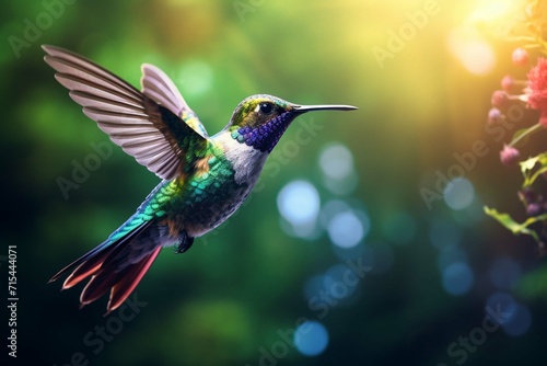 Flying hummingbird with green forest in background. Small colorful bird in flight. Digital art isolated on a white background © Amer