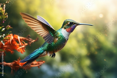 Flying hummingbird with green forest in background. Small colorful bird in flight. Digital art isolated on a white background