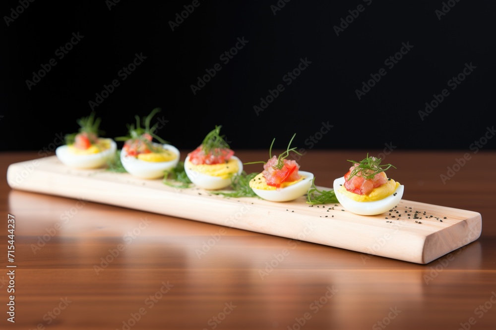 deviled eggs in a row on a long wooden board deviled eggs in a row on a long wooden board