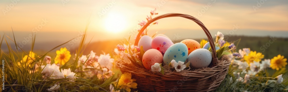 easter sunrise easter baskets eggs colorful flowers and grass,.