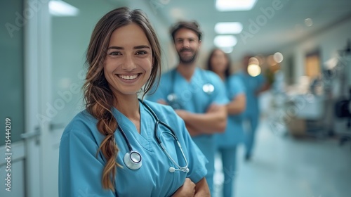 A smiling female healthcare professional stands in the foreground with a team of colleagues in scrubs behind her, representing dedicated medical teamwork.