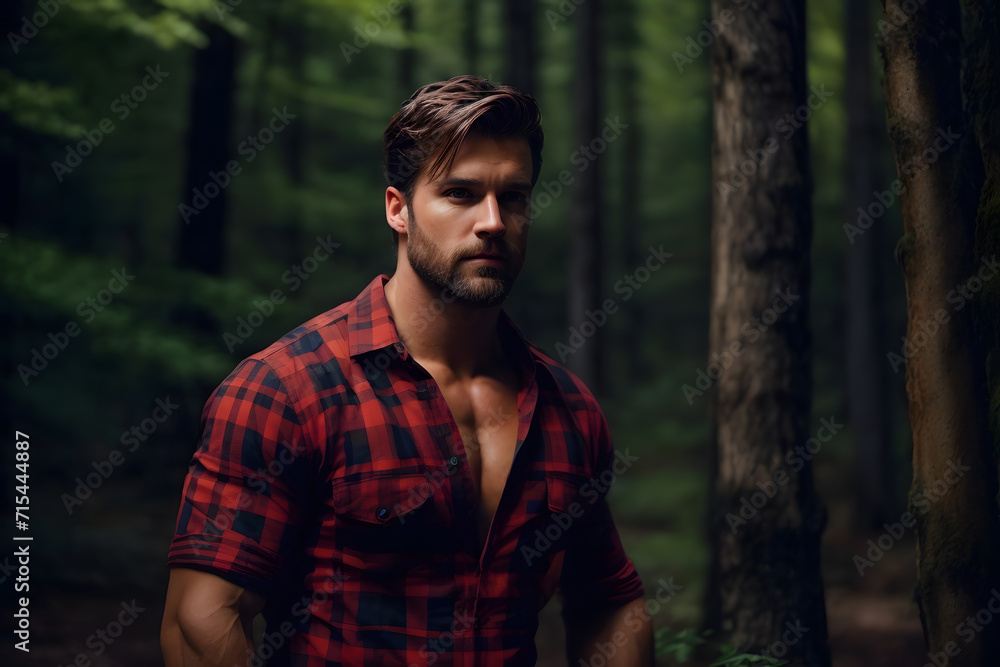 Man in Red and Black Shirt Standing in Forest. Generative AI.