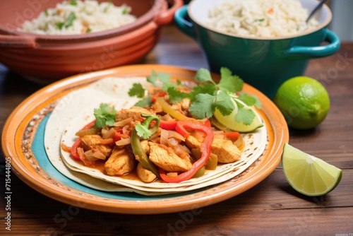 chicken fajitas with tortillas and salsa on a ceramic plate