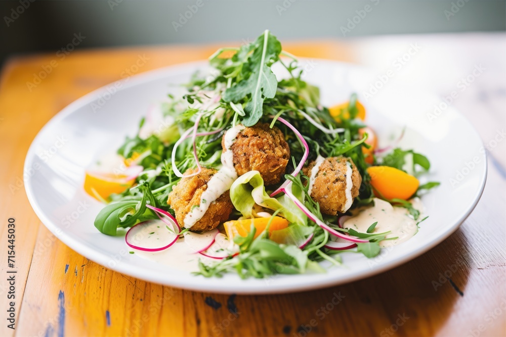 falafel salad garnished with tahini and herbs falafel salad garnished with tahini and herbs