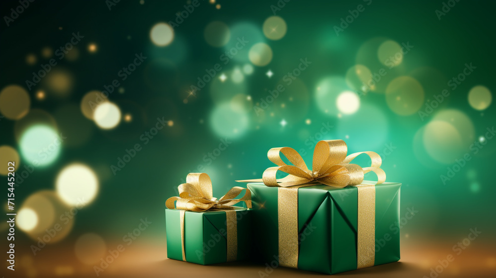 Christmas greeting Card - Merry Christmas and happy new year - Gift box and ornaments on light green background with magic lights - Banner, header Christmas greeting Card - Merry Christmas and happy new year - Gift box and ornaments on light green background with magic lights - Banner, header
