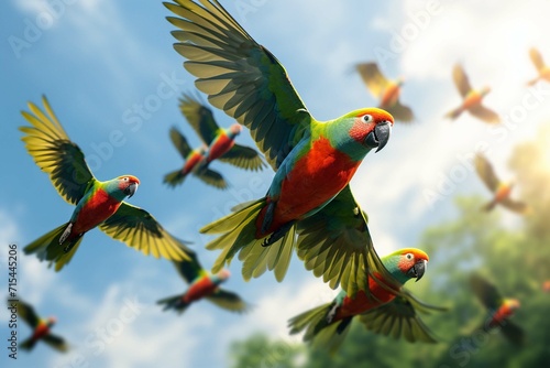  Focus on the vibrant colors of a flock of parrots in flight