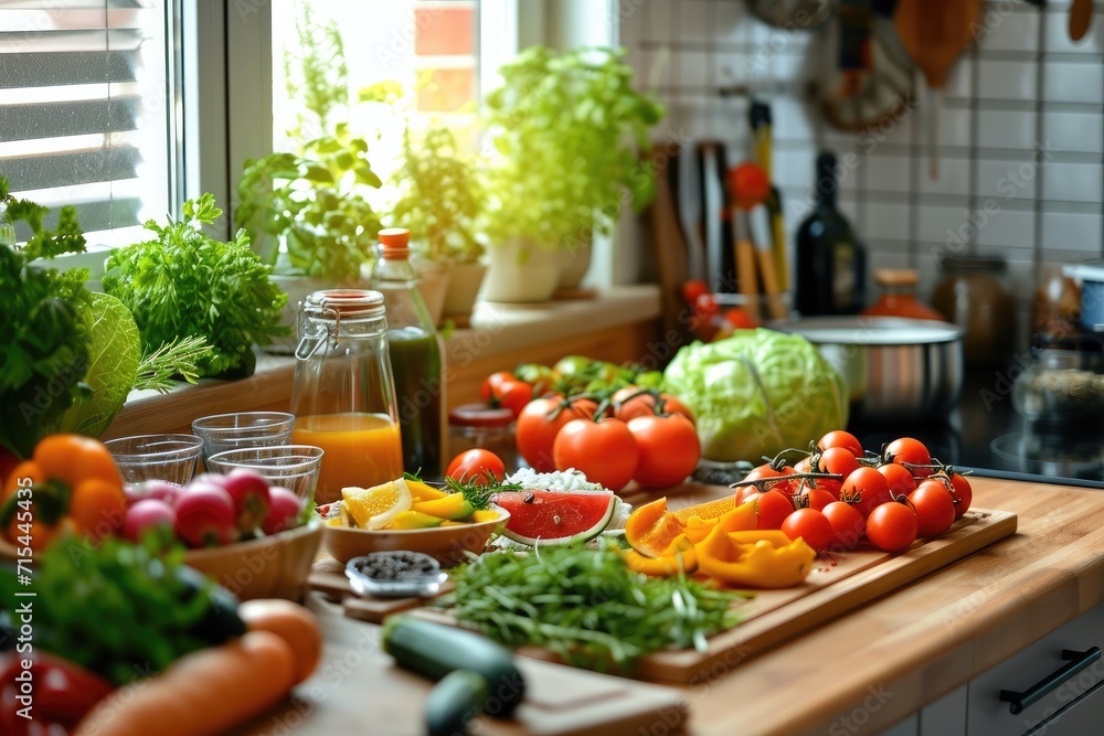 Shot of a vegan meal preparation with lots of vegetables and fruits on a domestic kitchen. Shot of a vegan meal preparation with lots of vegetables and fruits on a domestic kitchen.