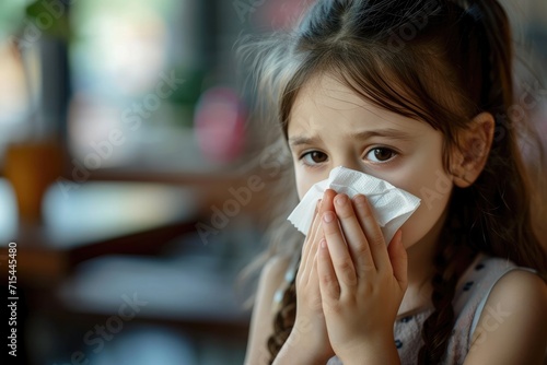 Sick little schoolgirl coughs and blows nose wiping with white paper napkin. 