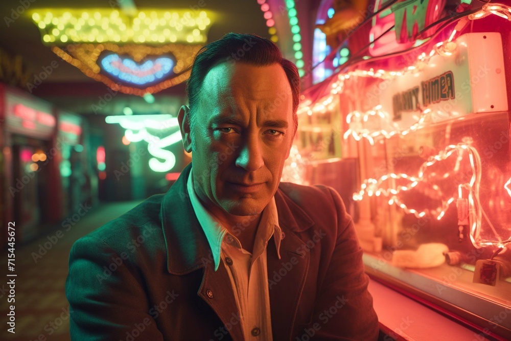 forest gump taking a selfie by a neon sign photography