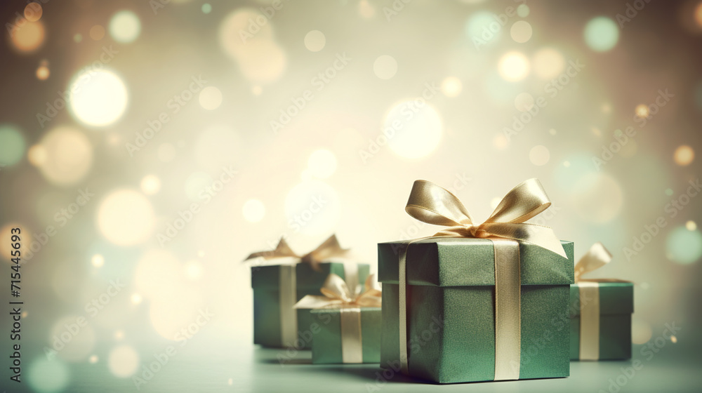 Christmas greeting Card - Merry Christmas and happy new year - Gift box and ornaments on light green background with magic lights - Banner, header Christmas greeting Card - Merry Christmas and happy new year - Gift box and ornaments on light green background with magic lights - Banner, header