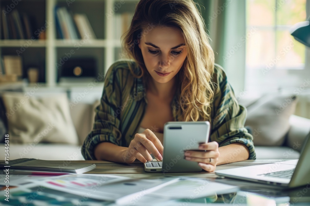 Woman managing home finances using smart phone calculator app and laptop Woman managing home finances using smart phone calculator app and laptop