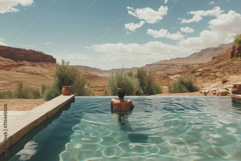 Wide shot of man swimming in pool at Moroccan desert camp while on vacation 