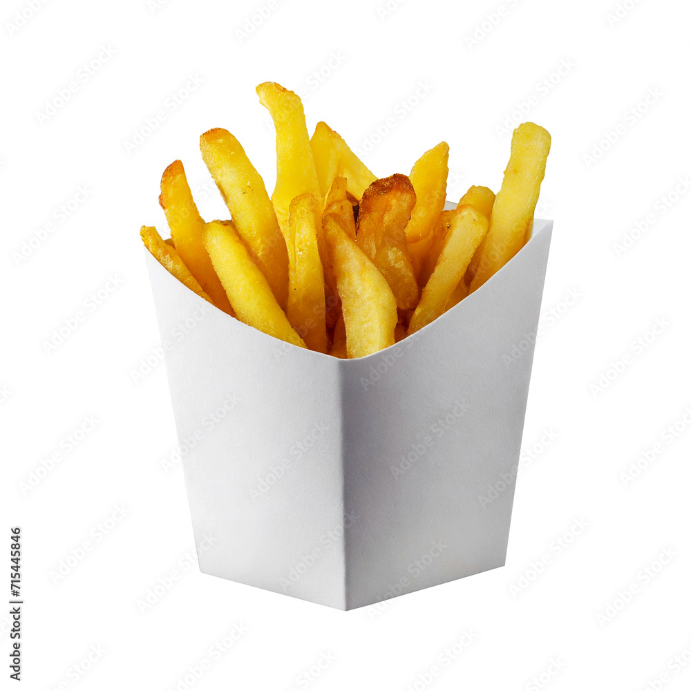 French fries in a white cardboard container, on a transparent background, png file French fries in a white cardboard container, on a transparent background, png file