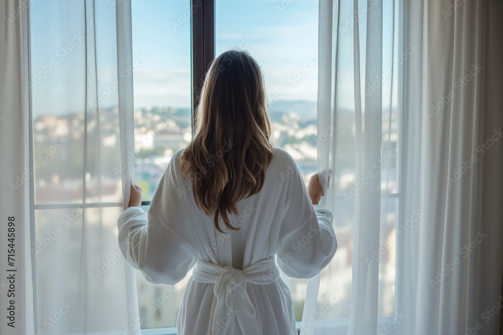 Woman enjoys magnificent view from window in modern apartment or hotel. Young female wearing white bathrobe opening curtains in the morning 