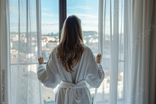 Woman enjoys magnificent view from window in modern apartment or hotel. Young female wearing white bathrobe opening curtains in the morning.