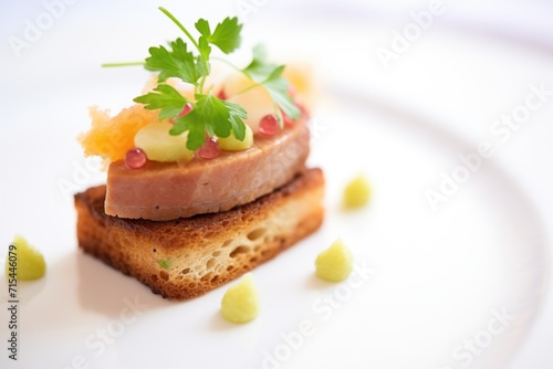 close view of foie gras on multigrain bread with a parsley leaf