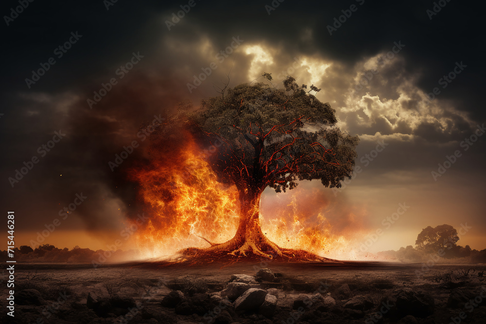 Trees that burn due to global warming. Ai generate.