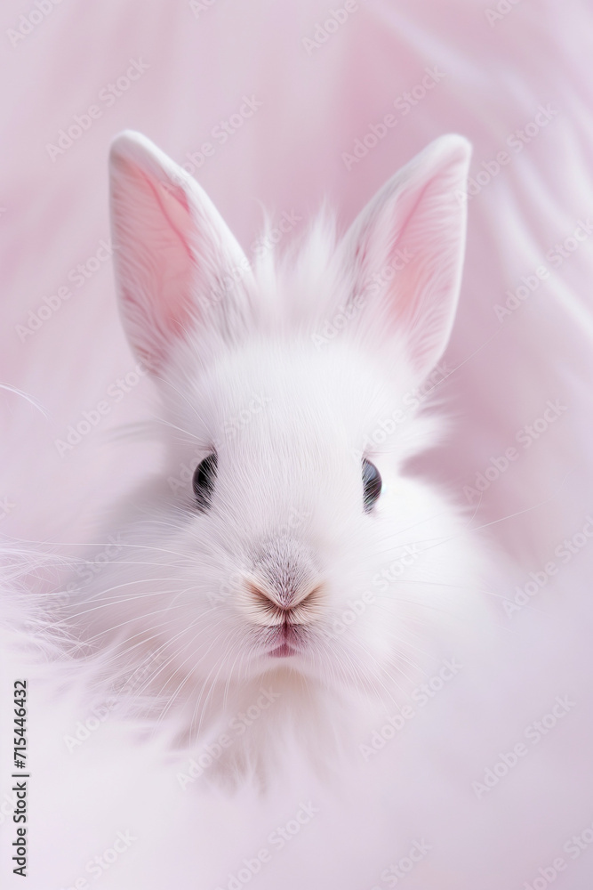 Easter bunny peeking out on a plain pink background. Cute, curious, fluffy white rabbit. A minimal and iconic Easter holiday concept banner with copy space.