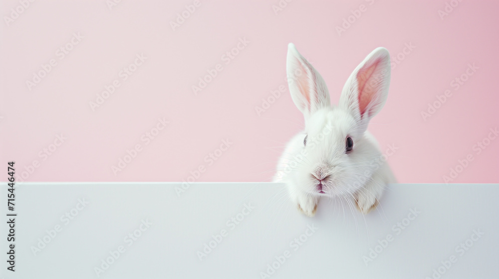 Easter bunny peeking out on a plain pink background. Cute, curious, fluffy white rabbit. A minimal and iconic Easter holiday concept banner with copy space. Easter bunny peeking out on a plain pink background. Cute, curious, fluffy white rabbit. A minimal and iconic Easter holiday concept banner with copy space.