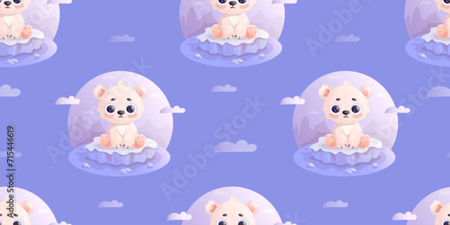 Seamless pattern with cute little white polar bear on ice floe on purple background. Vector illustration in cartoon style. Kids collection.