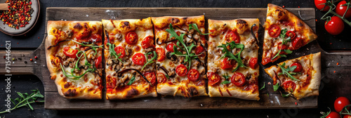 Sliced Pizza on Wooden Cutting Board, Delicious and Appetizing Meal