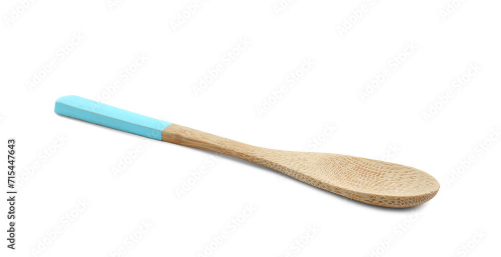 Wooden spoon with light blue handle isolated on white. Cooking utensil Wooden spoon with light blue handle isolated on white. Cooking utensil