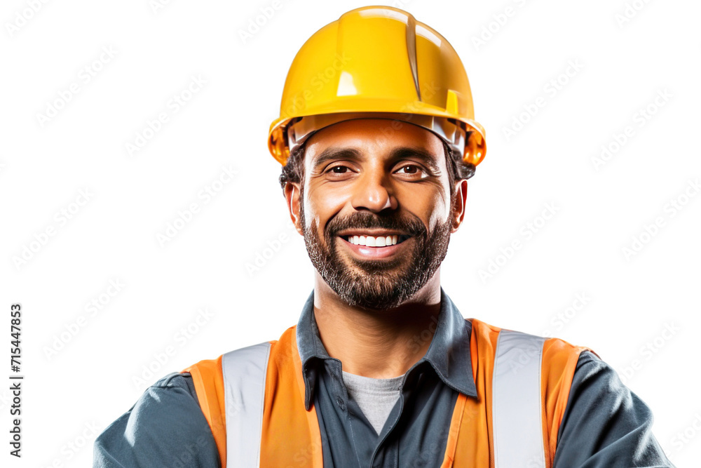 Close-up of a smiling male road worker in uniform, helmet, special clothing, white background isolate.