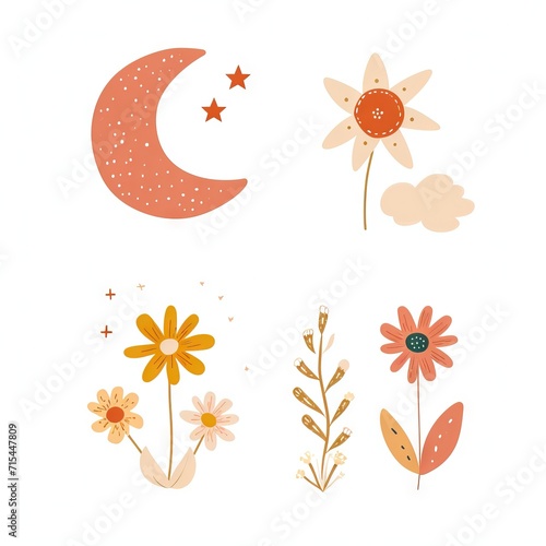 Abstract minimalist charming colorful moon and stars and flowers clipart. Great as vector, icons, decor, for poster design. Inspiration vibes.