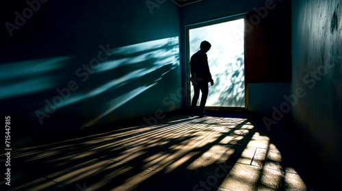 Man standing in dark room with shadow of tree on the wall.