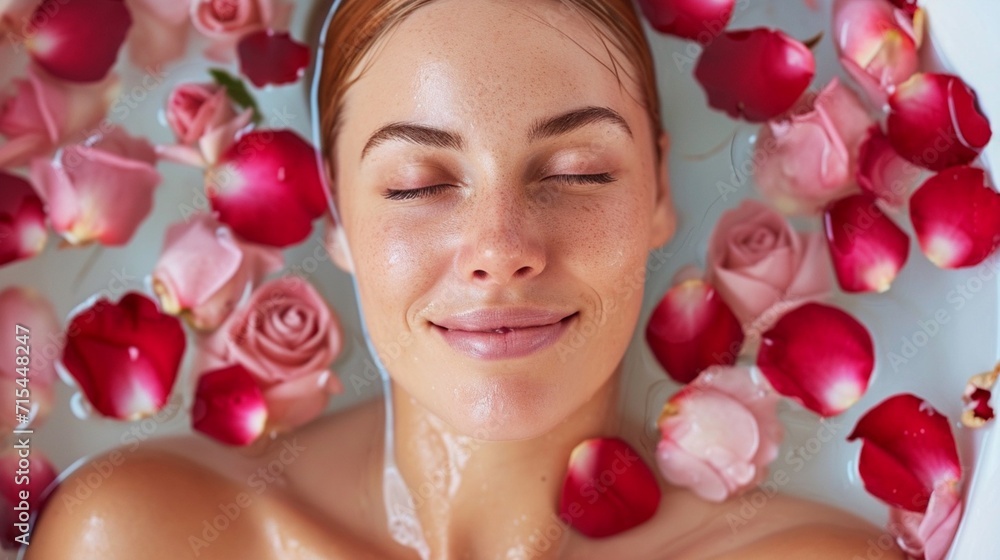 Woman in a spa jacuzzi with petal roses bath Woman in a spa jacuzzi with petal roses bath