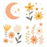 Abstract minimalist charming colorful moon and stars and flowers clipart. Great as vector, icons, decor, for poster design. Inspiration vibes.