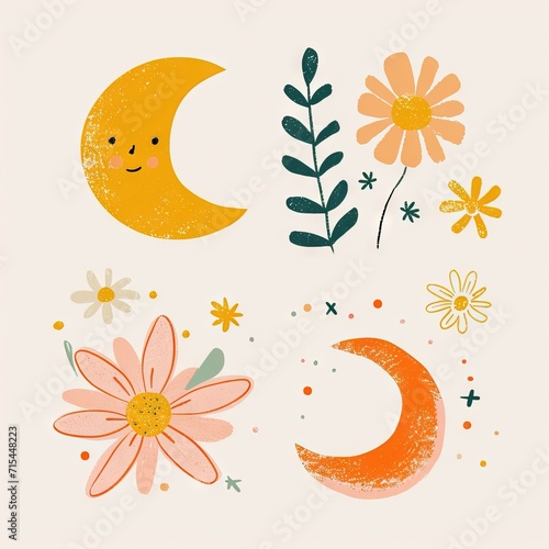 Abstract minimalist charming colorful moon and stars and flowers clipart. Great as vector, icons, decor, for poster design. Inspiration vibes.
