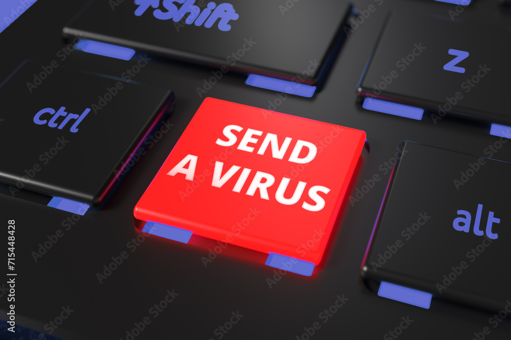 Fototapeta premium Illustration with a close-up of a keyboard and a SEND A VIRUS button. Background on the theme of simple virus attacks.