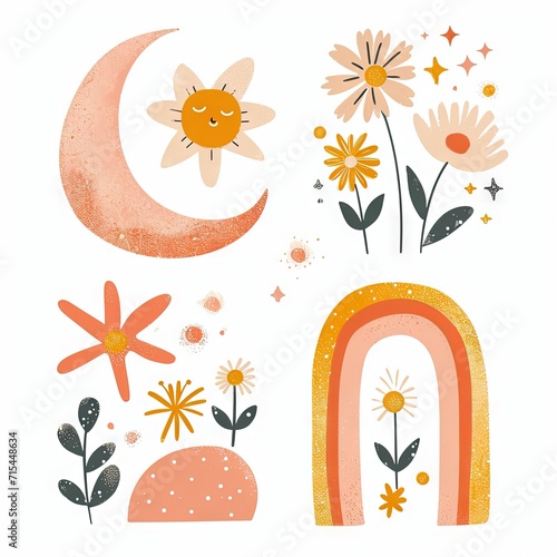 Abstract minimalist charming colorful moon and stars and flowers clipart. Great as vector, icons, decor, for poster design. Inspiration vibes.